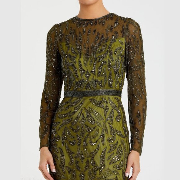 Mac Duggal 5124 Size 2 Olive Green Beaded Long Sleeve Evening Gown Maxi Dress - Picture 6 of 6